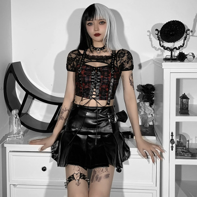 Gothic Style Lace See-Through Strap Mesh Lattice Top NSGYB111786