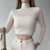 long-sleeved slim high-neck solid color see-through mesh top NSHLJ112427