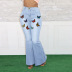 Jeans bootcut con pintura bordada de cintura alta elástica de talla grande NSWL112437