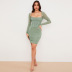 High Waist Square Neck Long Sleeve Solid Color Dress NSSMX112501