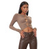 Long-Sleeved Solid Color Hollow Round Neck Slim-Fit Top NSSMX112504