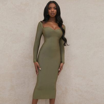 Long-sleeved One-word Collar Solid Color High Waist Dress NSSMX112514