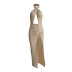 Chest Cross Halterneck Open Back Solid Color Slit Prom Dress NSSMX112608