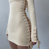 solid color long sleeve wrap chest lace-up sides high waist knitted dress NSSMX112730