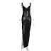 Sling V-Neck Waist Slit Pu Leather Dress NSPBY112770
