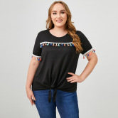 Plus Size Round Neck Short Sleeve Solid Color Lace-up Tassel T-shirt NSWCJ112804