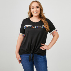Plus Size Round Neck Short Sleeve Solid Color Lace-up Tassel T-shirt NSWCJ112804