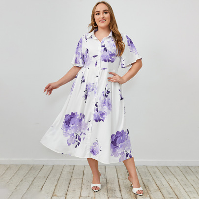 Plus Size Loose Lapel Short Sleeve Flower Print Dress NSWCJ112805
