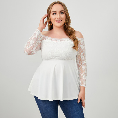 Plus Size One-word Neck Long Sleeve Solid Color Flower Lace Top NSWCJ112806