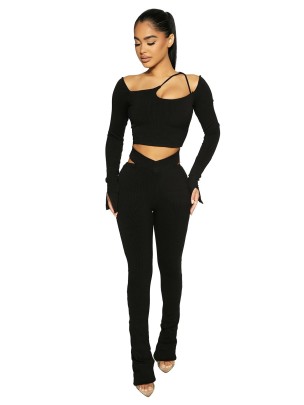 Long-sleeved Solid Color High Waist Hollow Knitted Trouser Two-piece Suit NSSMX112826