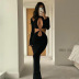 solid color long sleeve hanging neck backless waist hollow chest pleated dress NSSMX112827