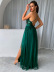 Solid Color Suspenders Slits V Neck Backless Sequin Mesh Prom Dress NSYI112849