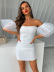one-shoulder Puff Sleeve Mesh Pleated prom Dress NSYI112850