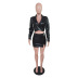 V Neck Long Sleeve Split High Elastic Pu Leather Skirt 2 Piece Set NSFBS112860