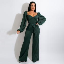 Pleated Solid Color Long Sleeve Lace-Up Wide-Leg Jumpsuit NSGCX112968