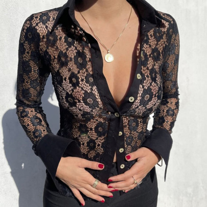 Single-breasted Solid Color Long-sleeved Lace See-through Shirt NSSWF113008