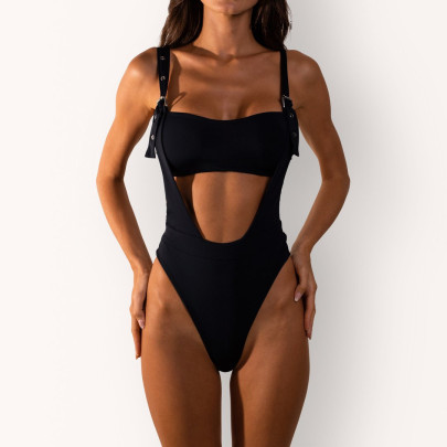 Sling Backless Hollow Buckle Solid Color One-piece Swimsuit NSCSM113062