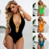 V Neck Sleeveless Hanging Nack Lace-Up Backless Solid Color One-Piece Swimsuit NSCSM113222