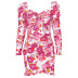 Low Cut Long-Sleeved Floral Print Dress NSLGF113235