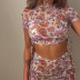 Printed Mesh See-Through Round Neck Cropped Top Skirt Three-Piece Set NSMG113270