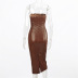 Solid Color Pu Leather Slim Tube Top Back Slit Midi Dress NSPBY113347