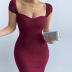 Solid Color One-Word Neck Ribbed Short-Sleeved Dress NSLGF113591