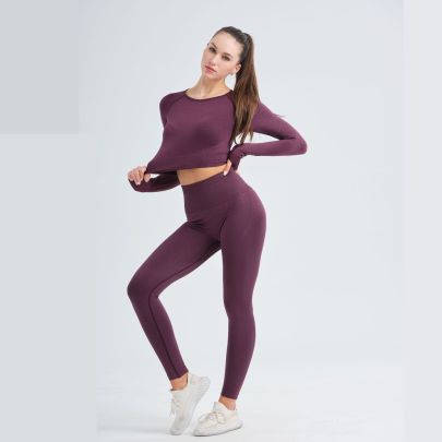 Solid Color High Waist Knitted Two-piece Yoga Set NSOUX113642