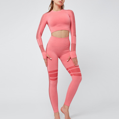 Hip-lifting High-elastic Striped Hollow Tight-fitting Lonh Sleeve Solid Color Yoga Two-piece Suit NSOUX113654