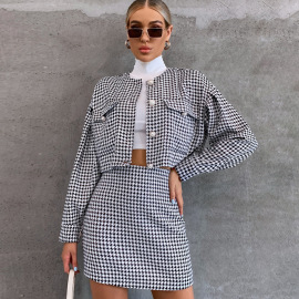 single breasted Houndstooth long sleeve high waist top and short skirt two-piece NSLIH113675
