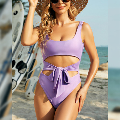 Solid Color Bow Backless One-piece Tight Swimsuit NSLM113687