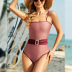 Solid Color Slip One-Piece Swimsuit With Belt NSLM113692