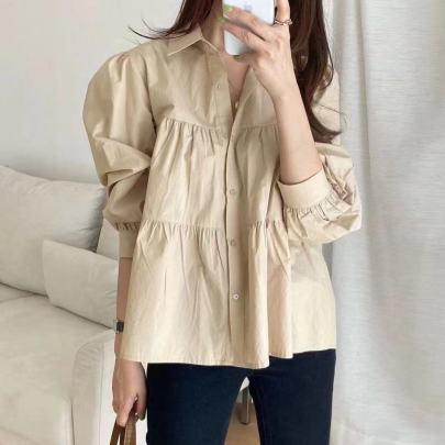 Solid Color Lapel Long-sleeved Pleated Shirt NSFYF113711