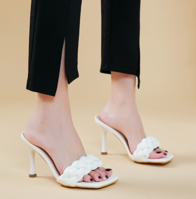 Square-toed Twist Woven Stiletto Sandals NSSO113736