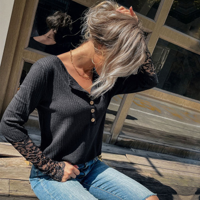 Stitching Round Neck Long-sleeved Slim Solid Color Lace Knitted Top NSDMB113764
