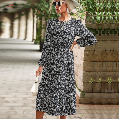Round Neck Long-Sleeved Floral Dress Without Belt NSDMB113775