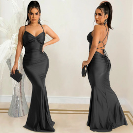 pleated Solid Color Sling Wrap Chest backless lace-up prom Dress NSXYZ113785
