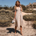 Single Breasted Solid Color V-Neck Short-Sleeved Lace-Up Dress NSYYF113854
