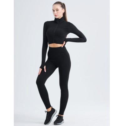 Knitted Zipper Hip-lifting High-elastic Long Sleeve Slim Yoga Set NSOUX113651