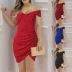 Pleated Print V-Neck Slim Sleeveless Dress NSLZ113896