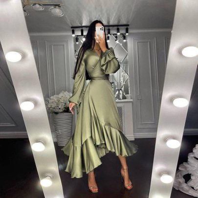 Deep V Long-sleeved Ruffle Slim Prom Solid Color Dress NSYLY113901