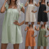 Cotton Linen Solid Color Sling Ruffled Square Neck Dress NSYYF113940