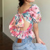 Backless Puff Sleeves One-Shoulder Lace-Up Floral Top NSJR113951