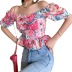 Backless Puff Sleeves One-Shoulder Lace-Up Floral Top NSJR113951