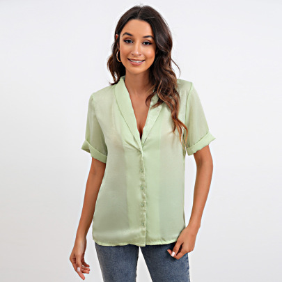 Solid Color Short-sleeved V-neck Single-breasted Shirt NSWCJ113976