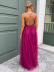 Deep V Suspender Cross Backless Prom Solid Color Mesh Dress NSYI114070