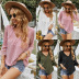 V Neck Long Sleeve Lace-Up Stitching Solid Color Lace Top NSDY114121