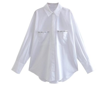 Faux Jewelry Decorated Long Sleeve Solid Color Poplin Shirt NSXFL113866