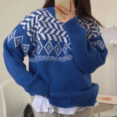 Loose Pullover Knitted Pattern Sweater NSFYF113715