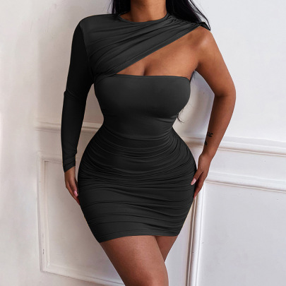 Solid Color One-shoulder Drawstring Sheath Dress Nihaostyles Clothing Wholesale NSAFS106111