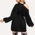 Lace Up Round Neck Slanted Shoulder Long Sleeve Solid Color Dress NSJR114141